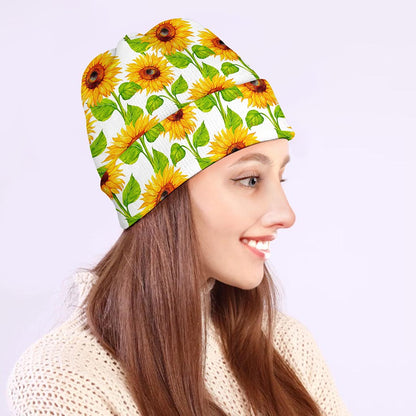 White Watercolor Sunflower Pattern Print Beanie