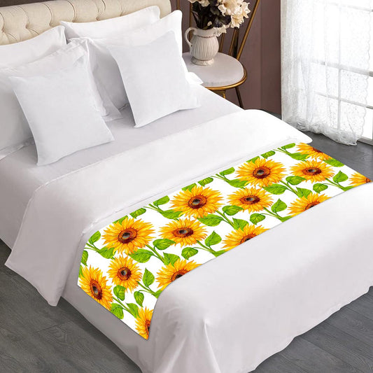 White Watercolor Sunflower Pattern Print Bed Runner