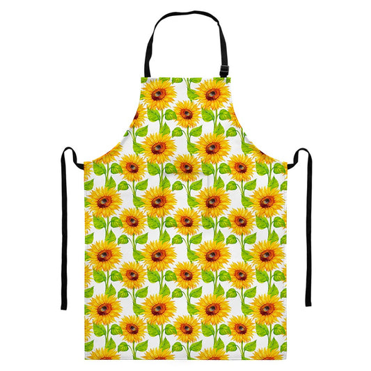 White Watercolor Sunflower Pattern Print Bib Apron With Pocket
