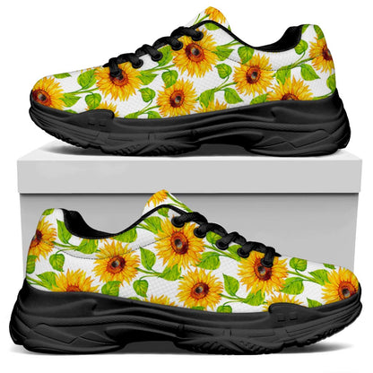 White Watercolor Sunflower Pattern Print Black Chunky Shoes