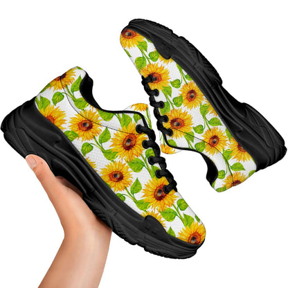 White Watercolor Sunflower Pattern Print Black Chunky Shoes