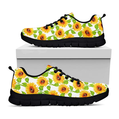 White Watercolor Sunflower Pattern Print Black Running Shoes