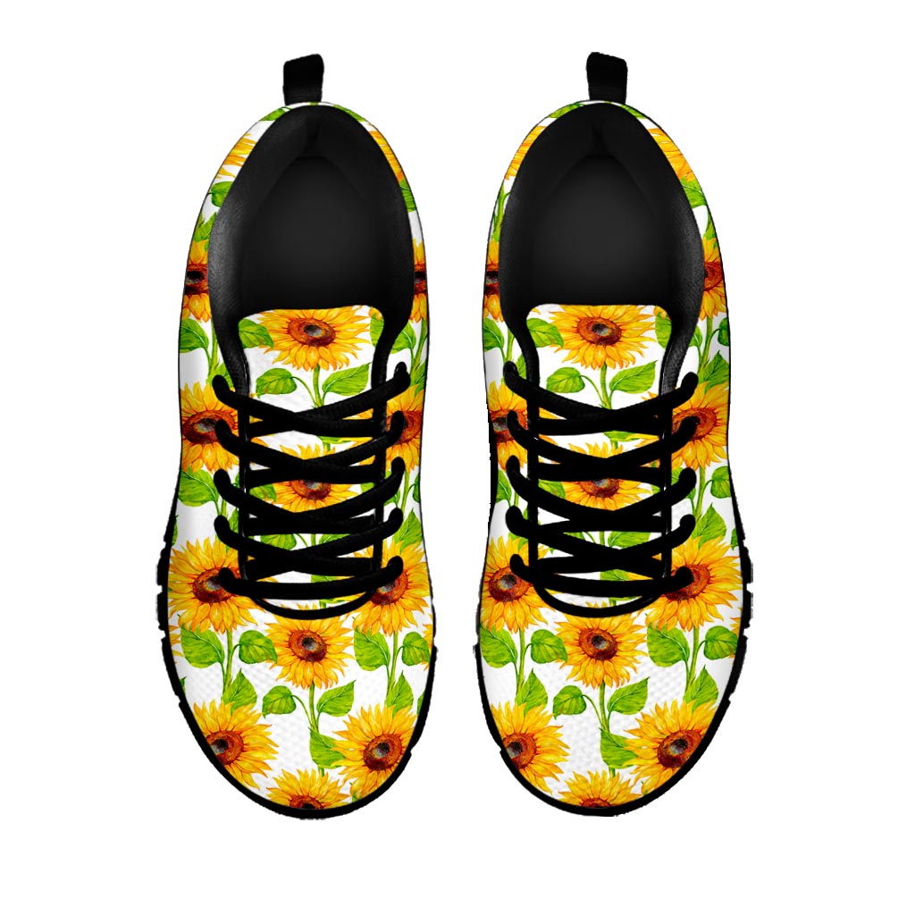 White Watercolor Sunflower Pattern Print Black Running Shoes