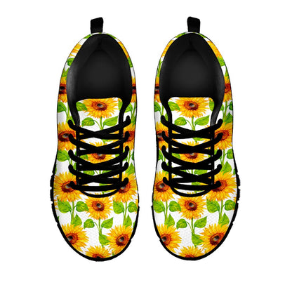 White Watercolor Sunflower Pattern Print Black Running Shoes