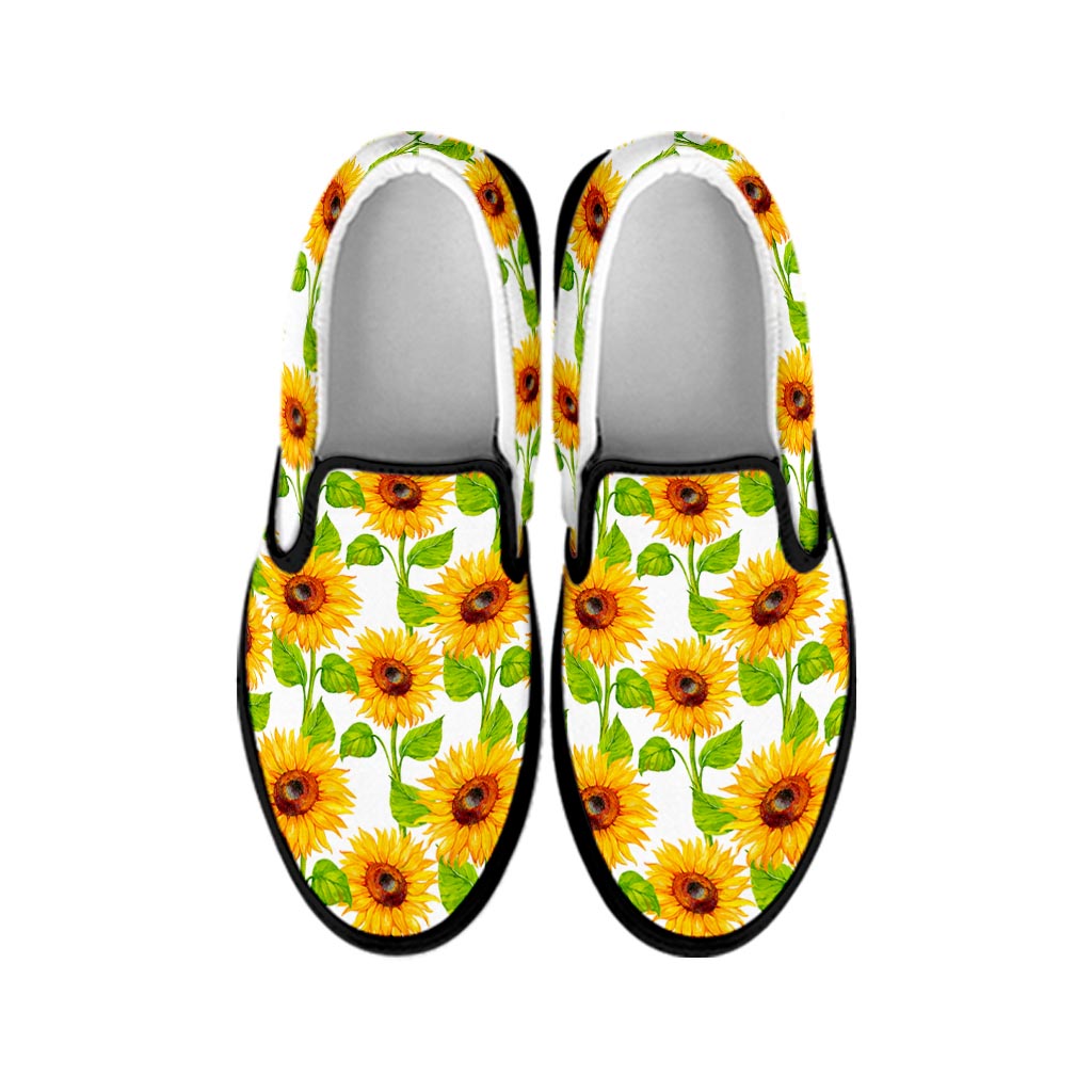 White Watercolor Sunflower Pattern Print Black Slip On Sneakers