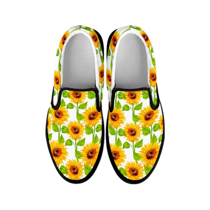 White Watercolor Sunflower Pattern Print Black Slip On Sneakers