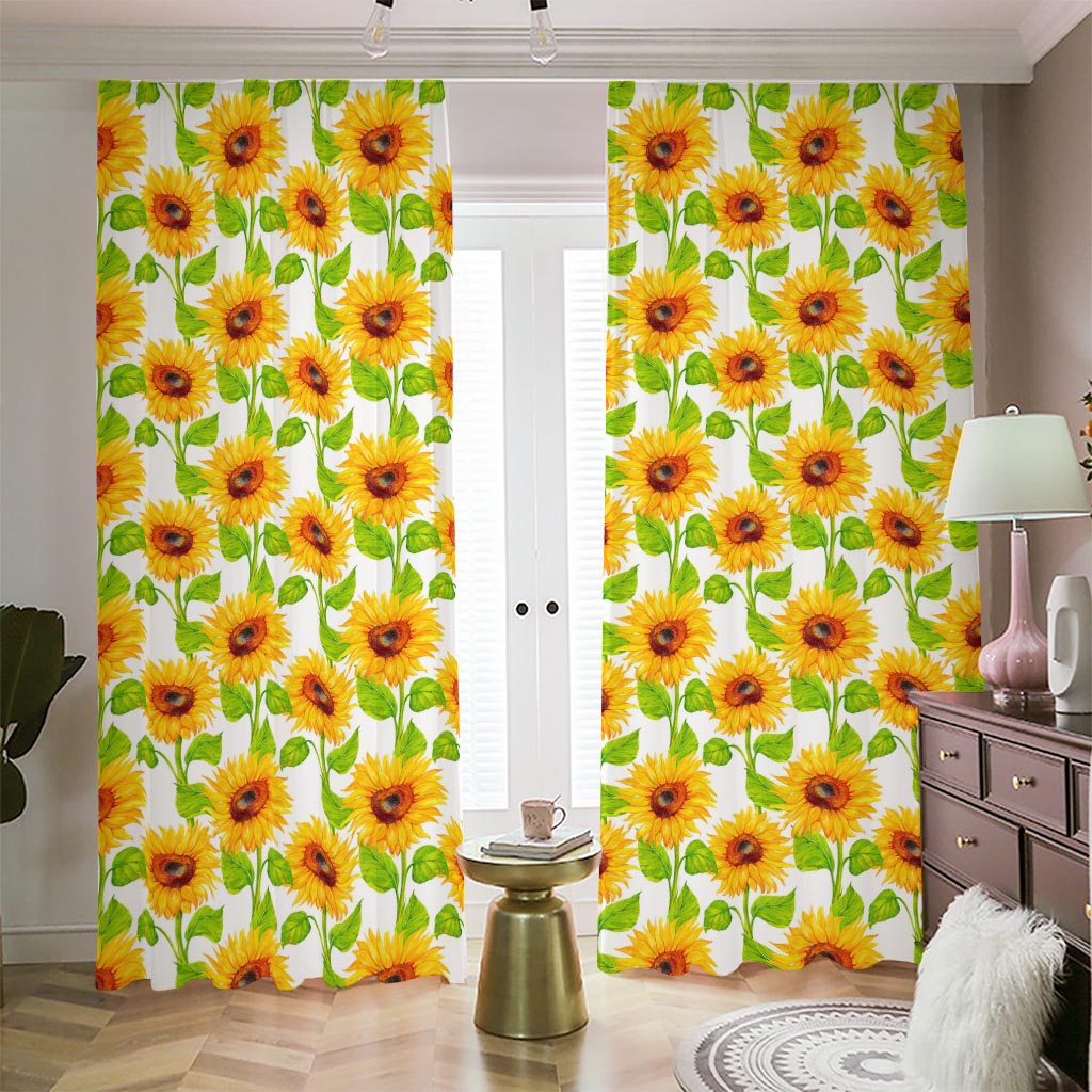 White Watercolor Sunflower Pattern Print Blackout Pencil Pleat Curtains