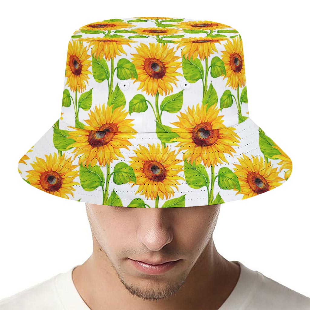 White Watercolor Sunflower Pattern Print Bucket Hat