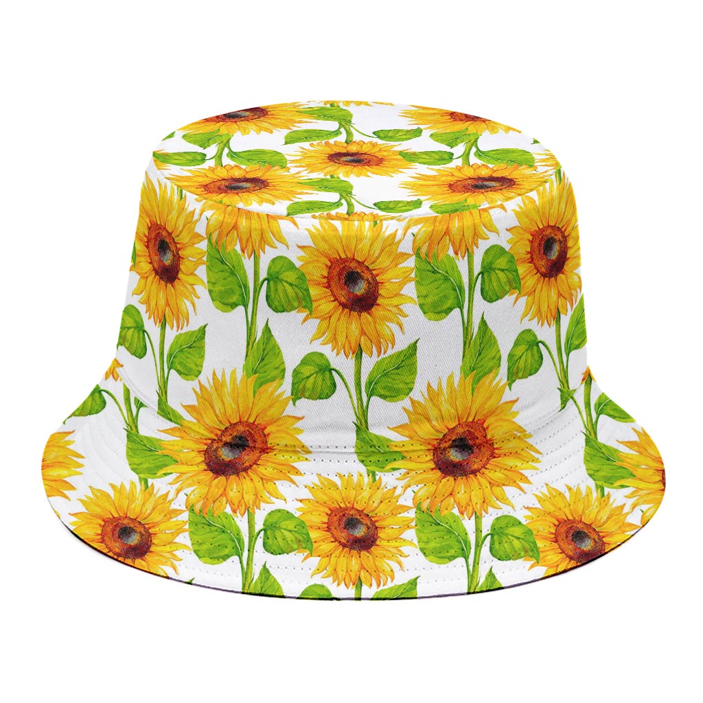 White Watercolor Sunflower Pattern Print Bucket Hat