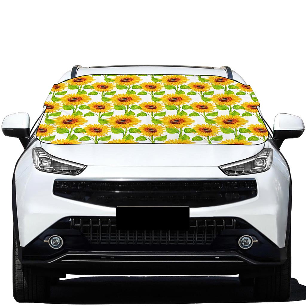 White Watercolor Sunflower Pattern Print Car Windshield Snow Cover