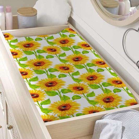 White Watercolor Sunflower Pattern Print Changing Pad Cover