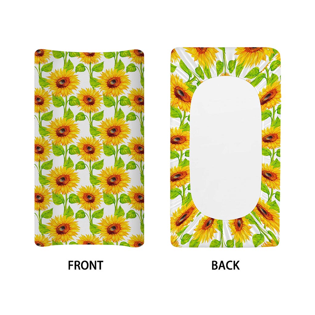 White Watercolor Sunflower Pattern Print Changing Pad Cover