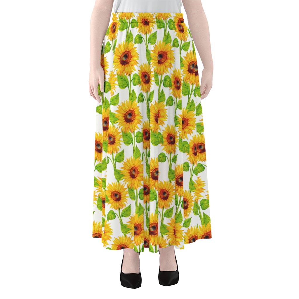 White Watercolor Sunflower Pattern Print Chiffon Maxi Skirt