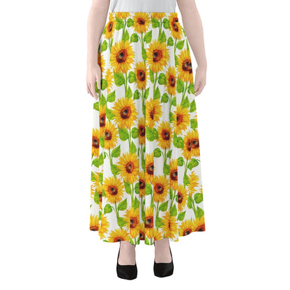 White Watercolor Sunflower Pattern Print Chiffon Maxi Skirt