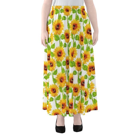White Watercolor Sunflower Pattern Print Chiffon Maxi Skirt