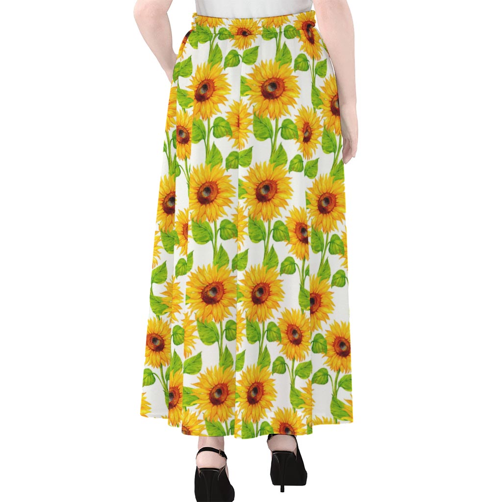 White Watercolor Sunflower Pattern Print Chiffon Maxi Skirt