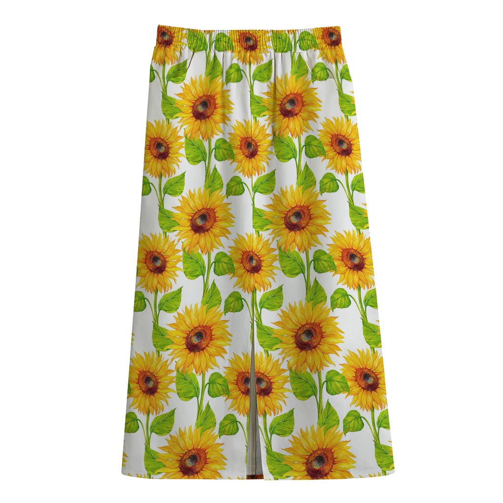 White Watercolor Sunflower Pattern Print Cotton Front Slit Maxi Skirt