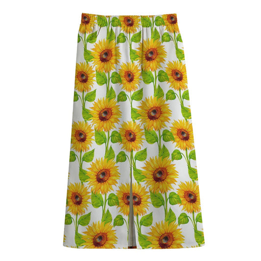 White Watercolor Sunflower Pattern Print Cotton Front Slit Maxi Skirt