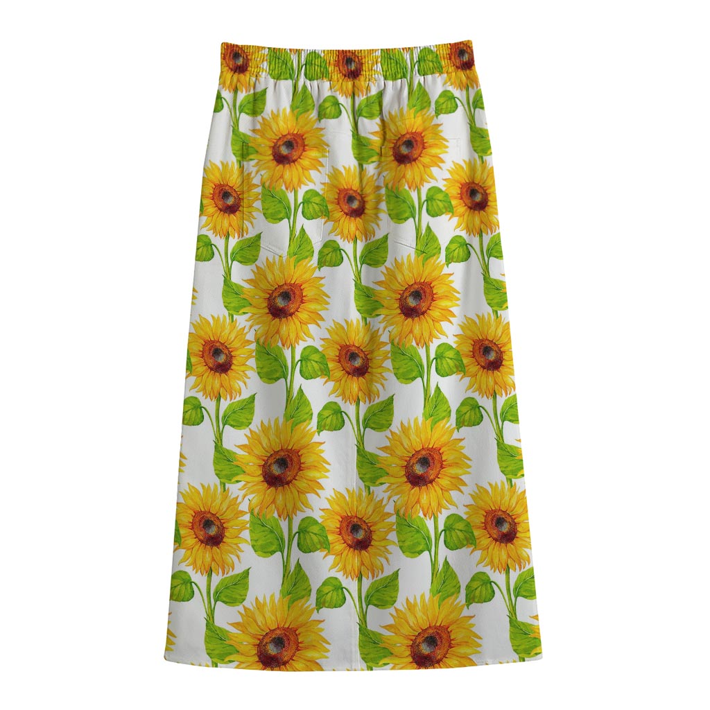 White Watercolor Sunflower Pattern Print Cotton Front Slit Maxi Skirt