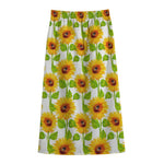 White Watercolor Sunflower Pattern Print Cotton Front Slit Maxi Skirt