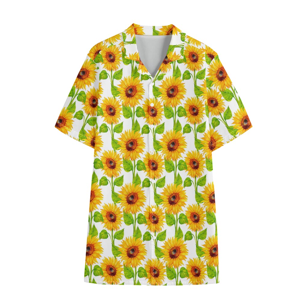White Watercolor Sunflower Pattern Print Cotton Hawaiian Shirt