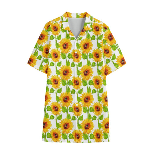 White Watercolor Sunflower Pattern Print Cotton Hawaiian Shirt