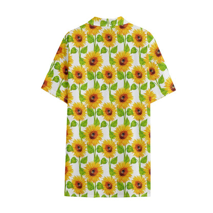 White Watercolor Sunflower Pattern Print Cotton Hawaiian Shirt