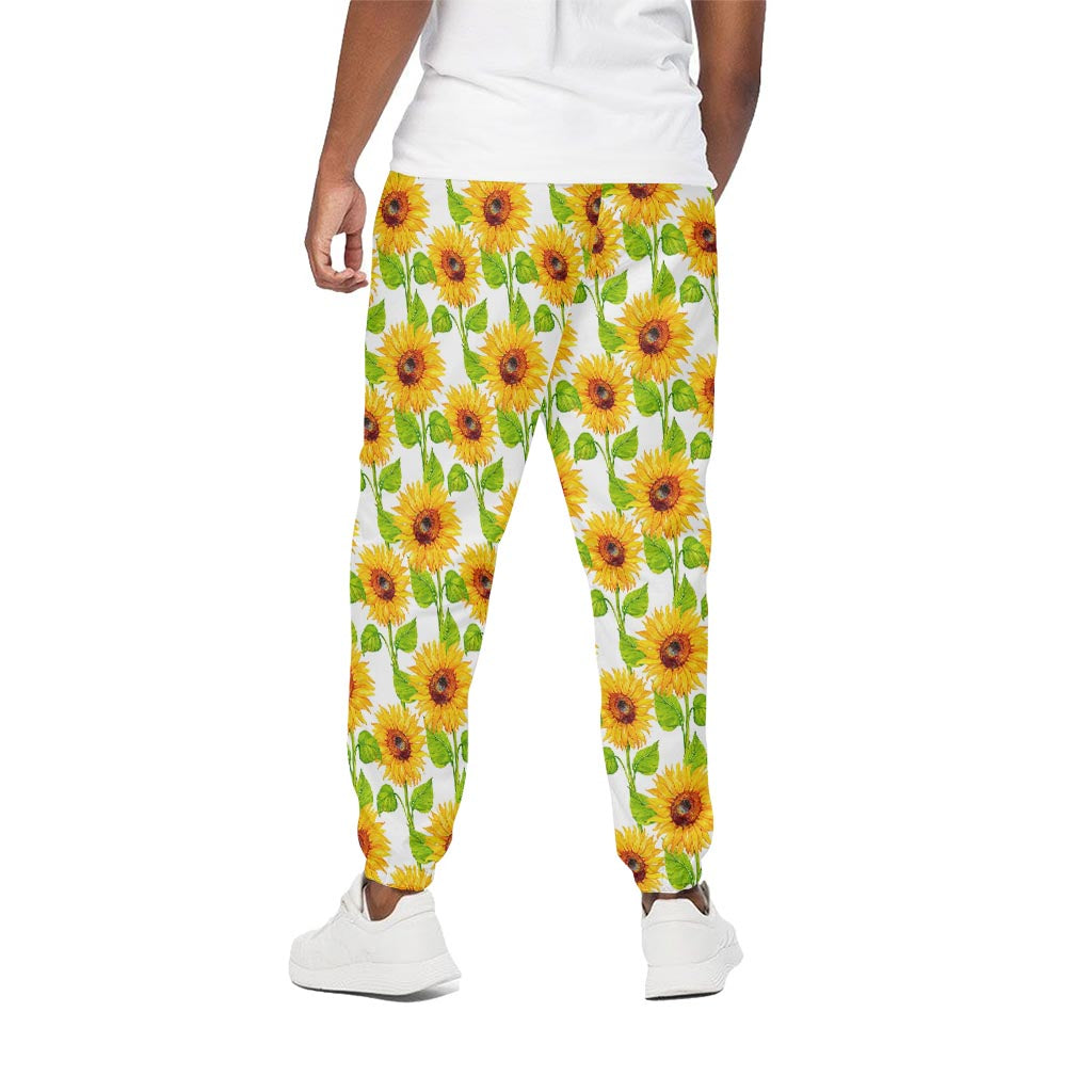 White Watercolor Sunflower Pattern Print Cotton Pants