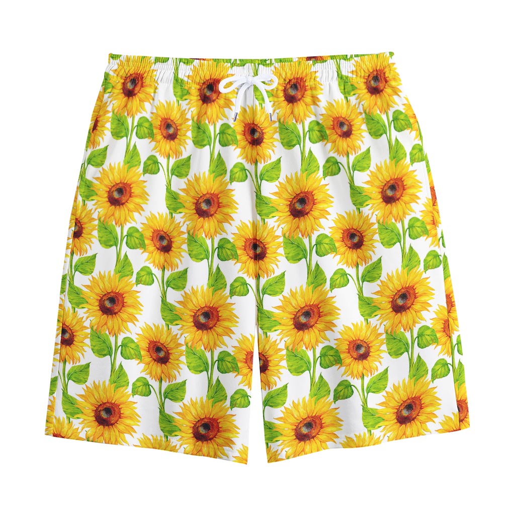 White Watercolor Sunflower Pattern Print Cotton Shorts