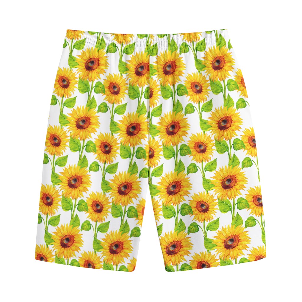 White Watercolor Sunflower Pattern Print Cotton Shorts
