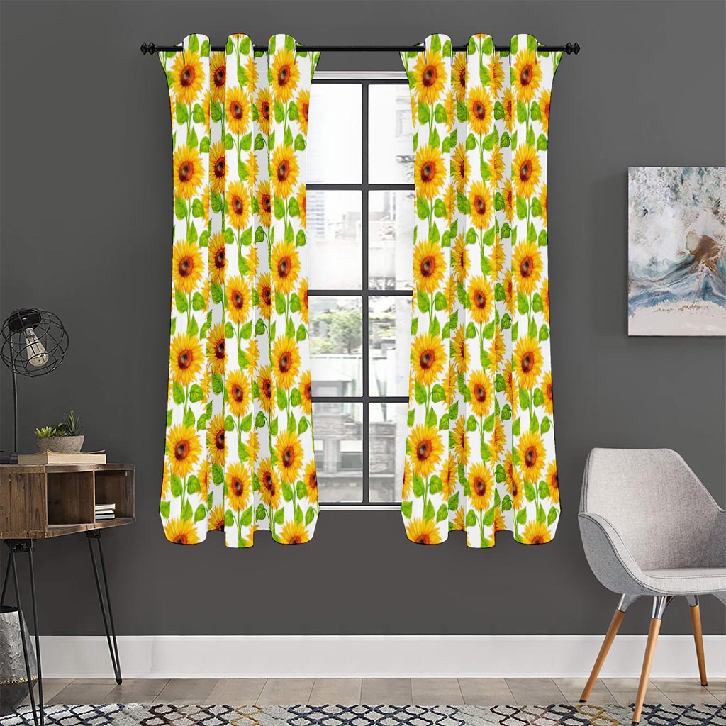 White Watercolor Sunflower Pattern Print Curtain