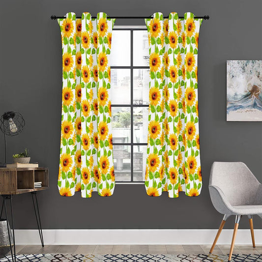White Watercolor Sunflower Pattern Print Curtain