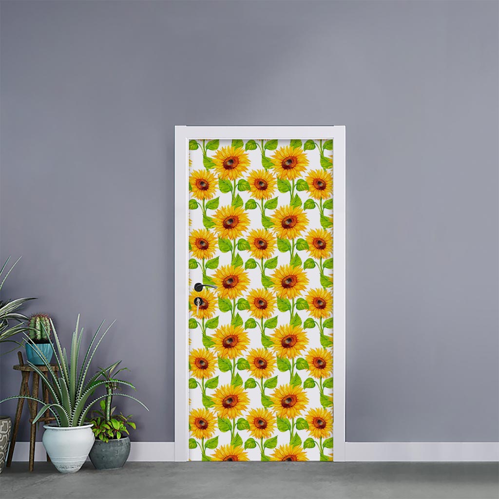 White Watercolor Sunflower Pattern Print Door Sticker
