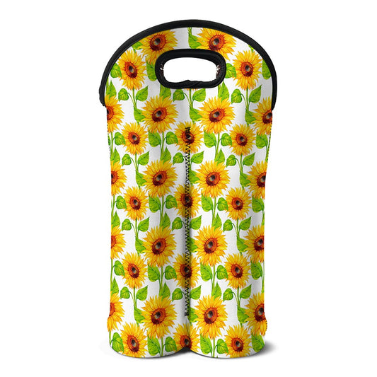 White Watercolor Sunflower Pattern Print Double Neoprene Wine Tote