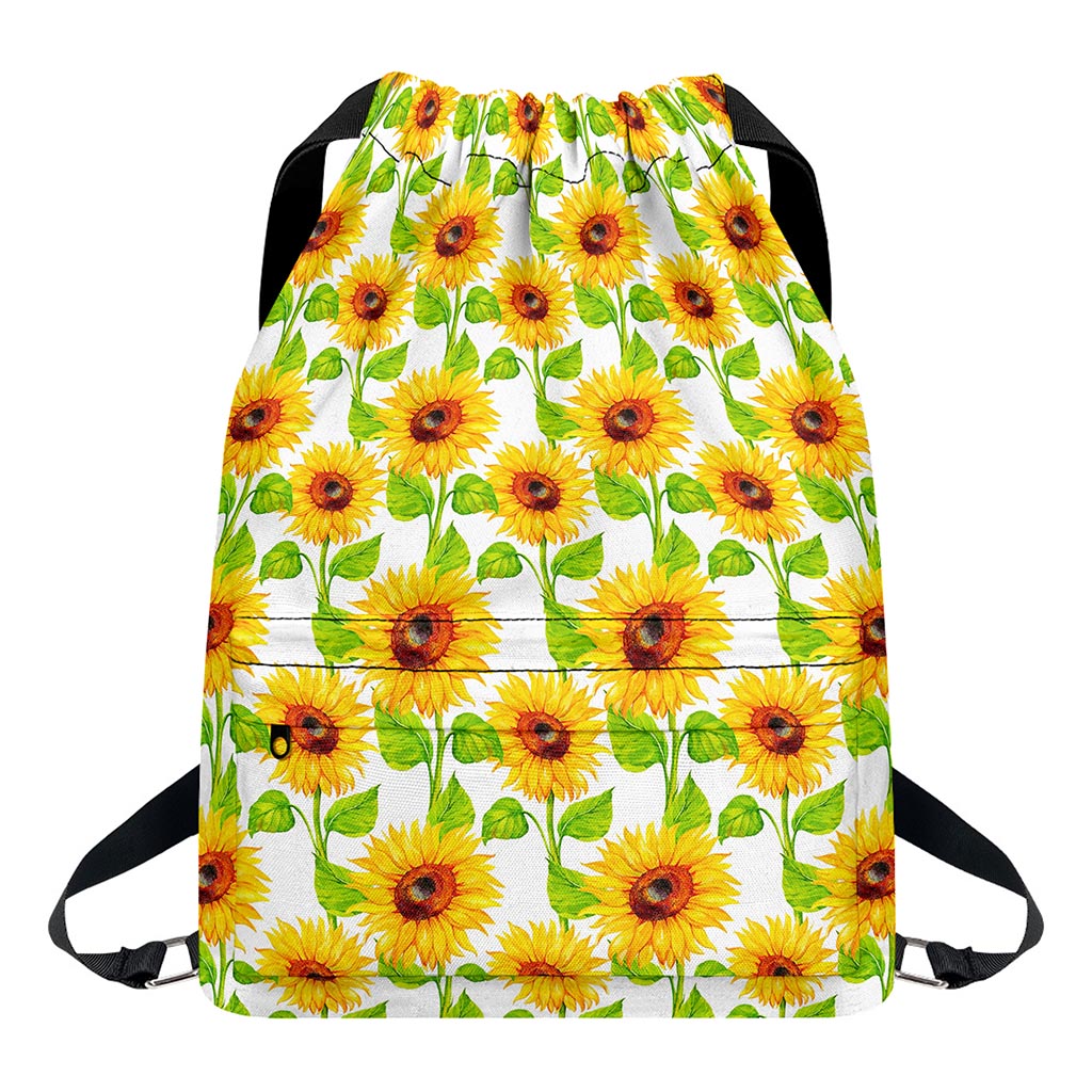 White Watercolor Sunflower Pattern Print Drawstring Backpack
