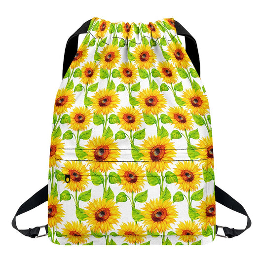 White Watercolor Sunflower Pattern Print Drawstring Backpack