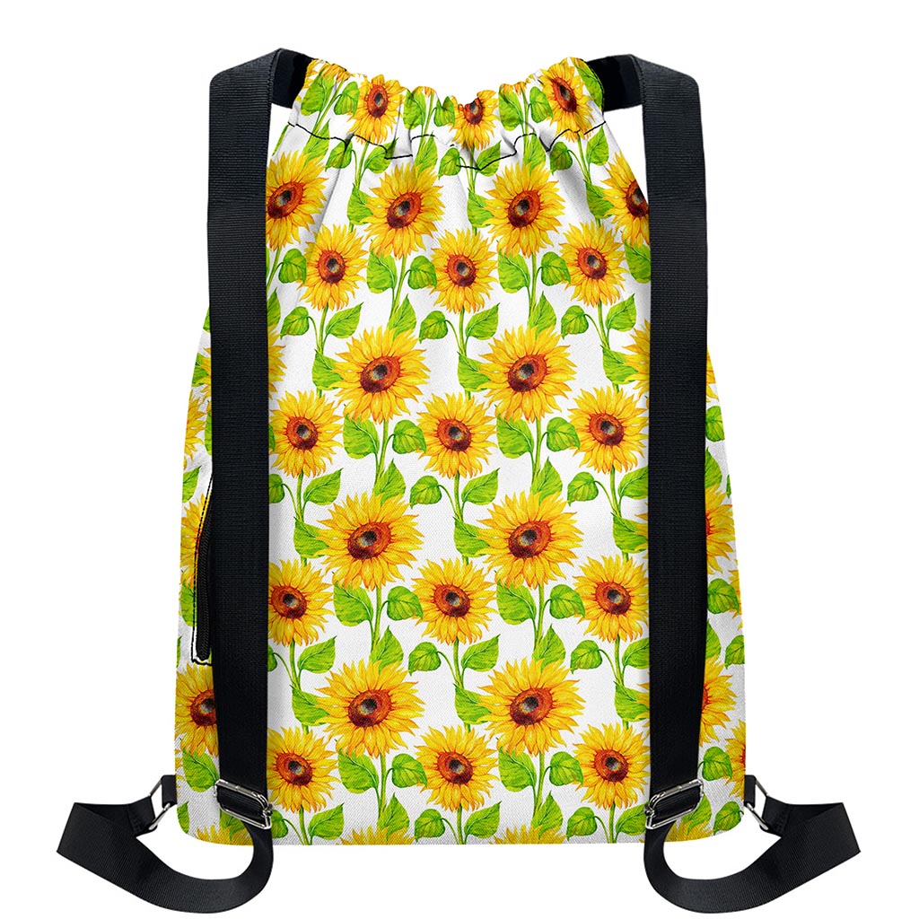 White Watercolor Sunflower Pattern Print Drawstring Backpack