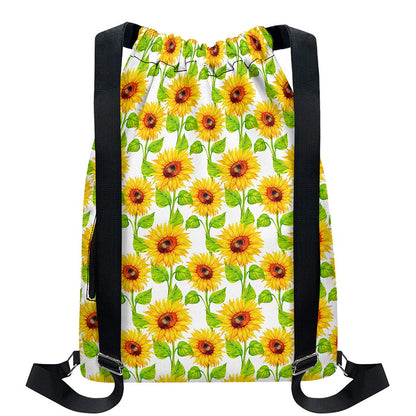 White Watercolor Sunflower Pattern Print Drawstring Backpack