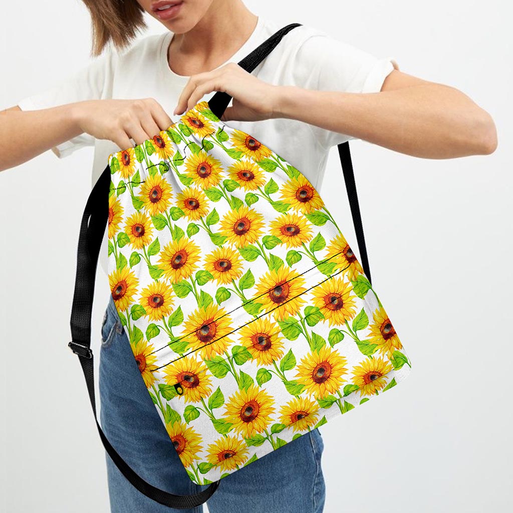 White Watercolor Sunflower Pattern Print Drawstring Backpack