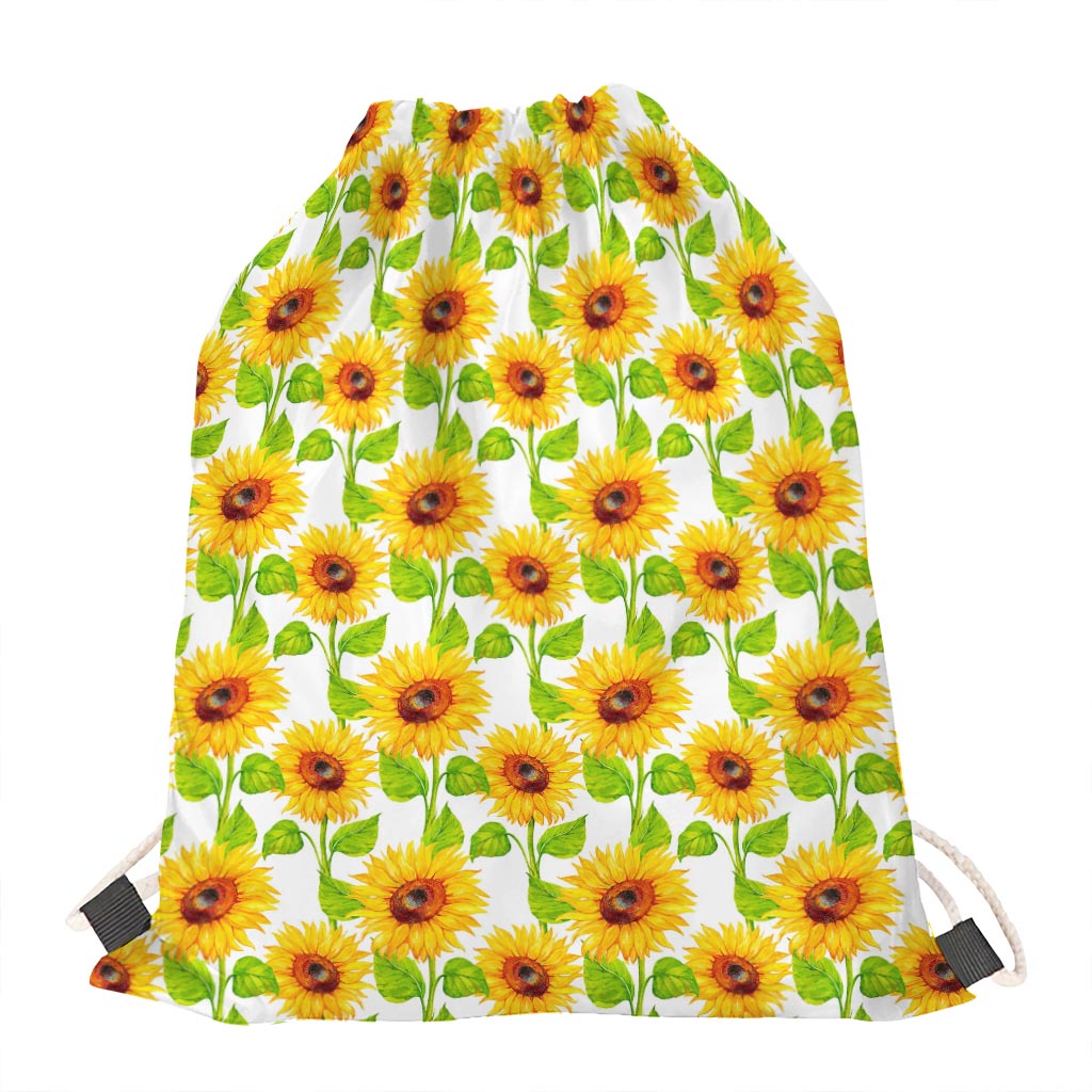 White Watercolor Sunflower Pattern Print Drawstring Bag