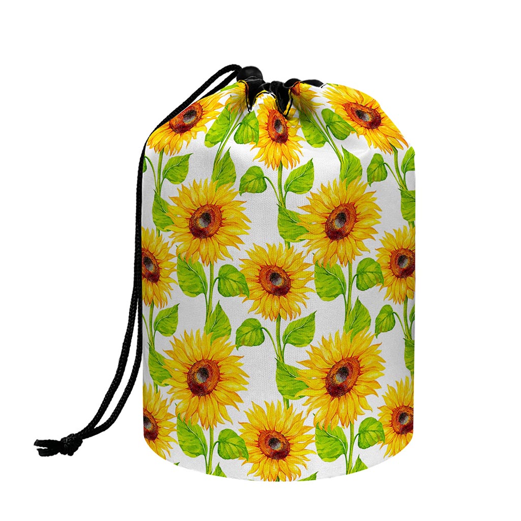 White Watercolor Sunflower Pattern Print Drawstring Makeup Bag