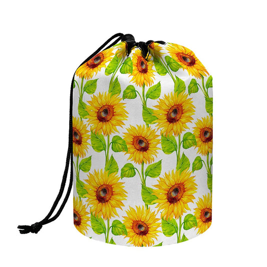 White Watercolor Sunflower Pattern Print Drawstring Makeup Bag