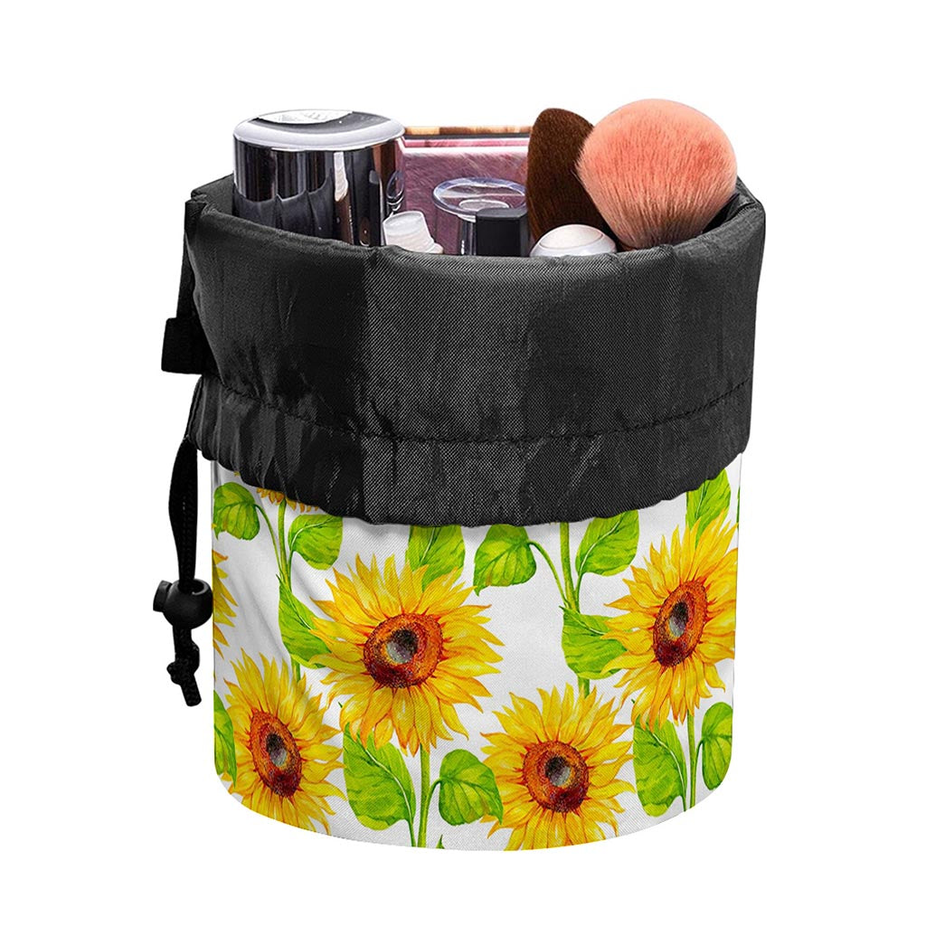 White Watercolor Sunflower Pattern Print Drawstring Makeup Bag