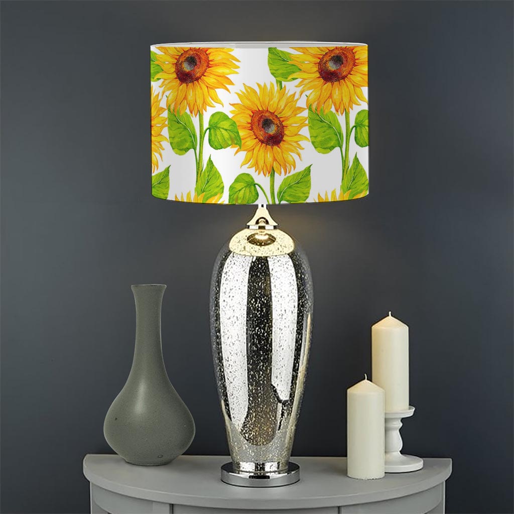 White Watercolor Sunflower Pattern Print Drum Lamp Shade