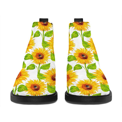 White Watercolor Sunflower Pattern Print Flat Ankle Boots
