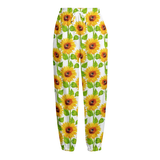 White Watercolor Sunflower Pattern Print Fleece Lined Knit Pants