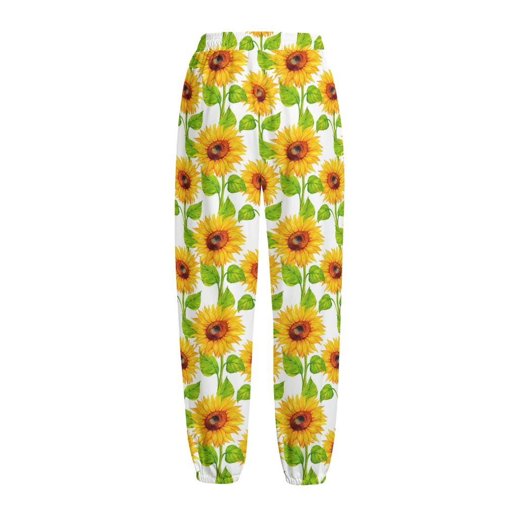 White Watercolor Sunflower Pattern Print Fleece Lined Knit Pants