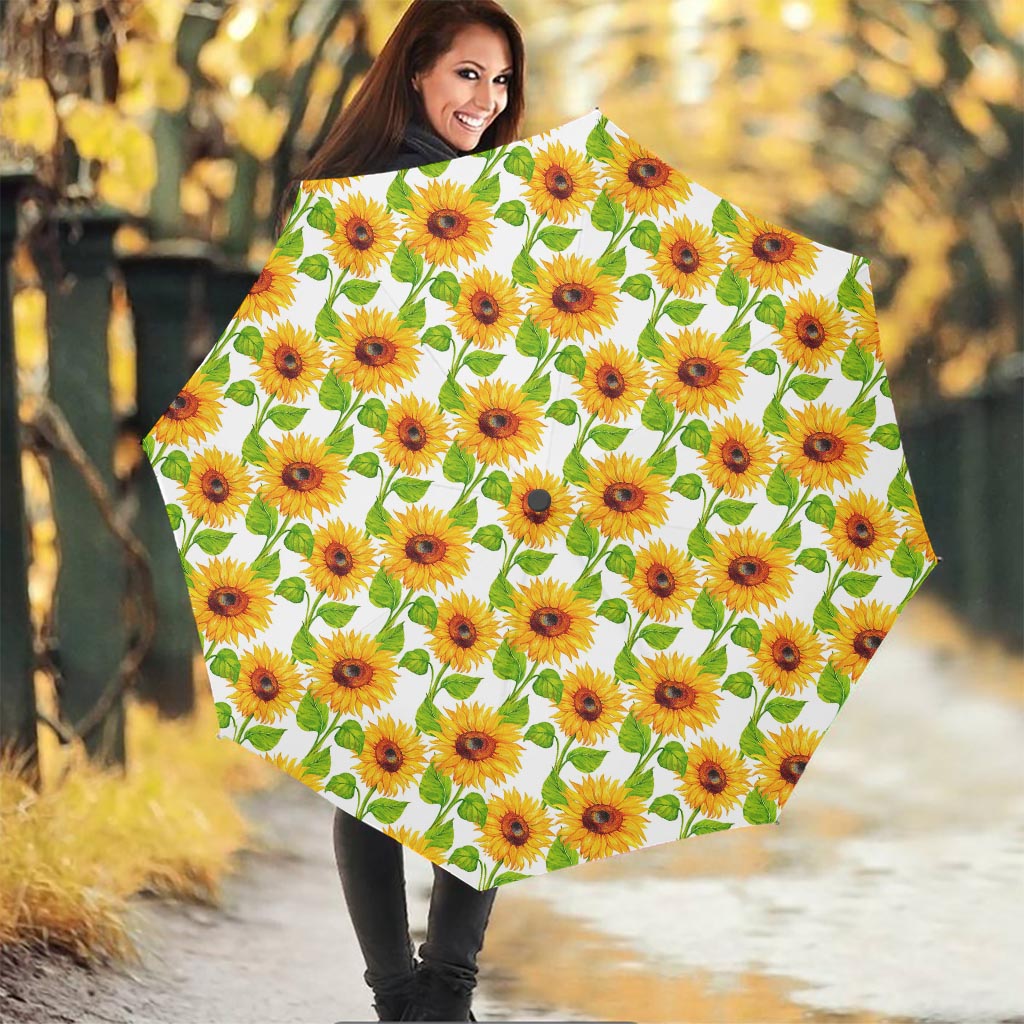 White Watercolor Sunflower Pattern Print Foldable Umbrella