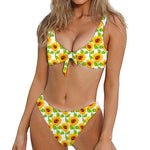 White Watercolor Sunflower Pattern Print Front Bow Tie Bikini