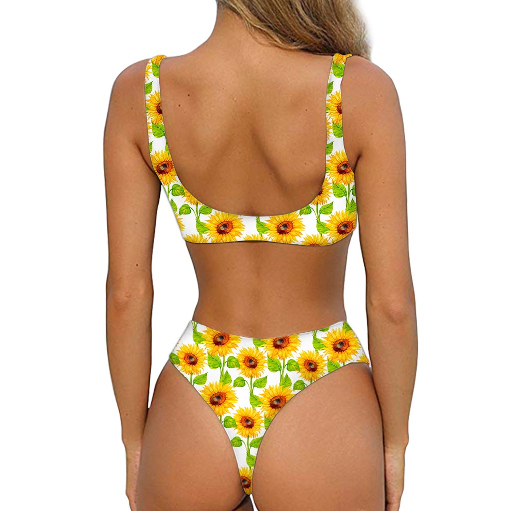 White Watercolor Sunflower Pattern Print Front Bow Tie Bikini
